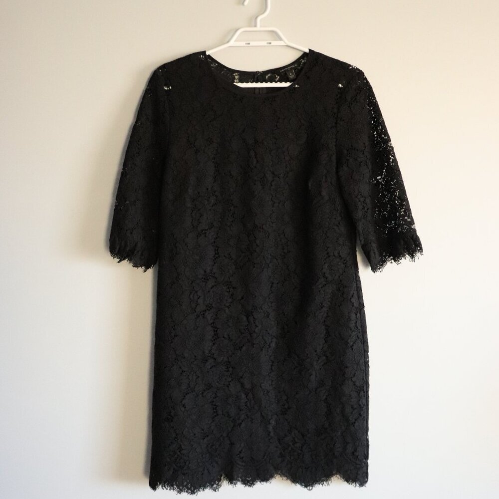 Banana Republic Women's Sz 8 Black Lace 1/4 Length Sleeve Crewneck‎ Midi Dress